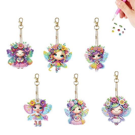 6Pcs Double Sided Flower Elf Girl Diamond Painting Art Keychain Pendant DIY Art