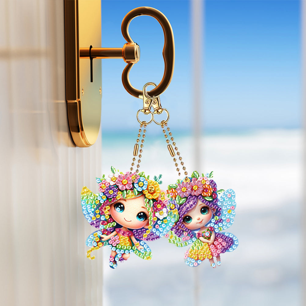 6Pcs Double Sided Flower Elf Girl Diamond Painting Art Keychain Pendant DIY Art