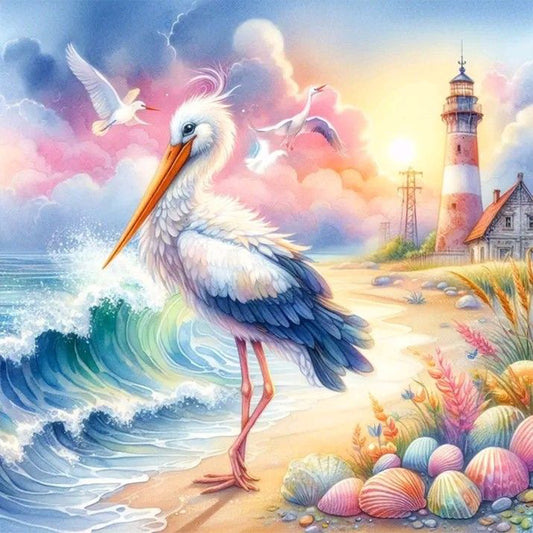 Egret At The Lighthouse - Full Round Drill Diamond Painting 40*40CM