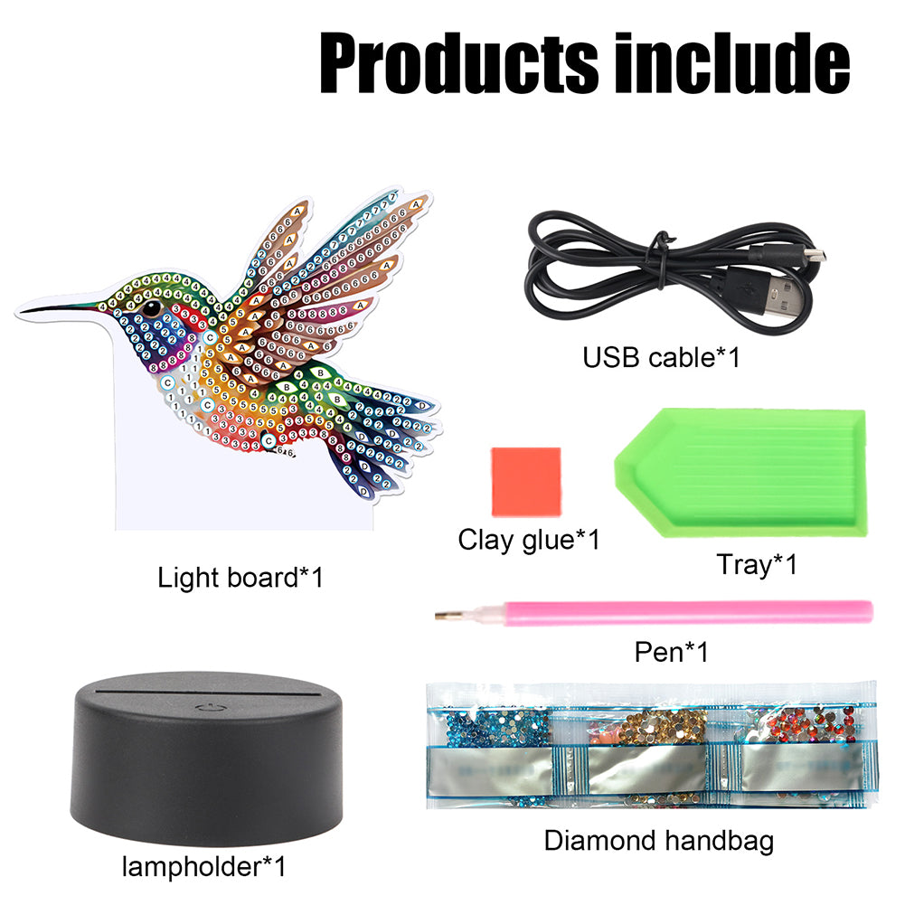 Cute Animal Diamond Painting LED Lamp Diamond Painting Night Light (Hummingbird)