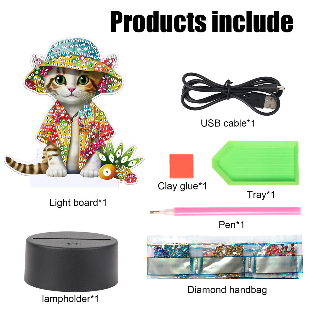 Cute Animal Diamond Painting LED Lamp Diamond Painting Night Light (Cat)