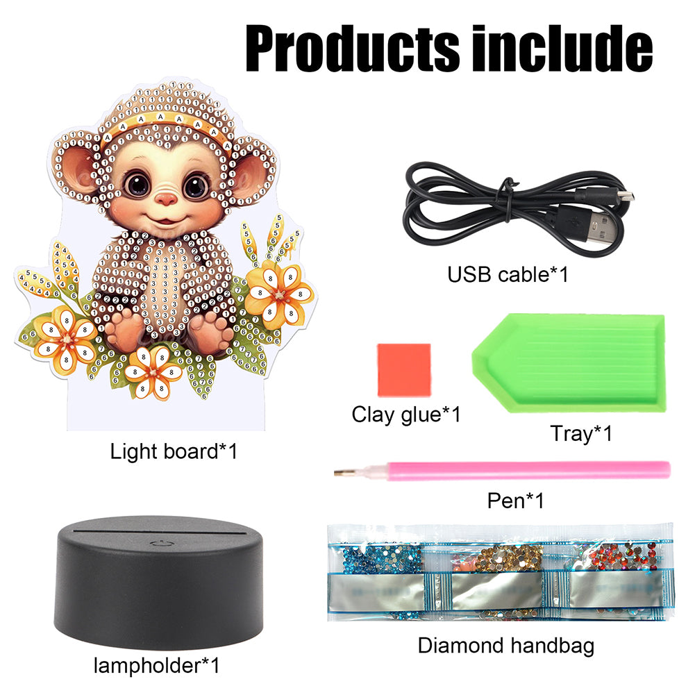 Cute Animal Diamond Painting LED Lamp Diamond Painting Night Light (Monkey)