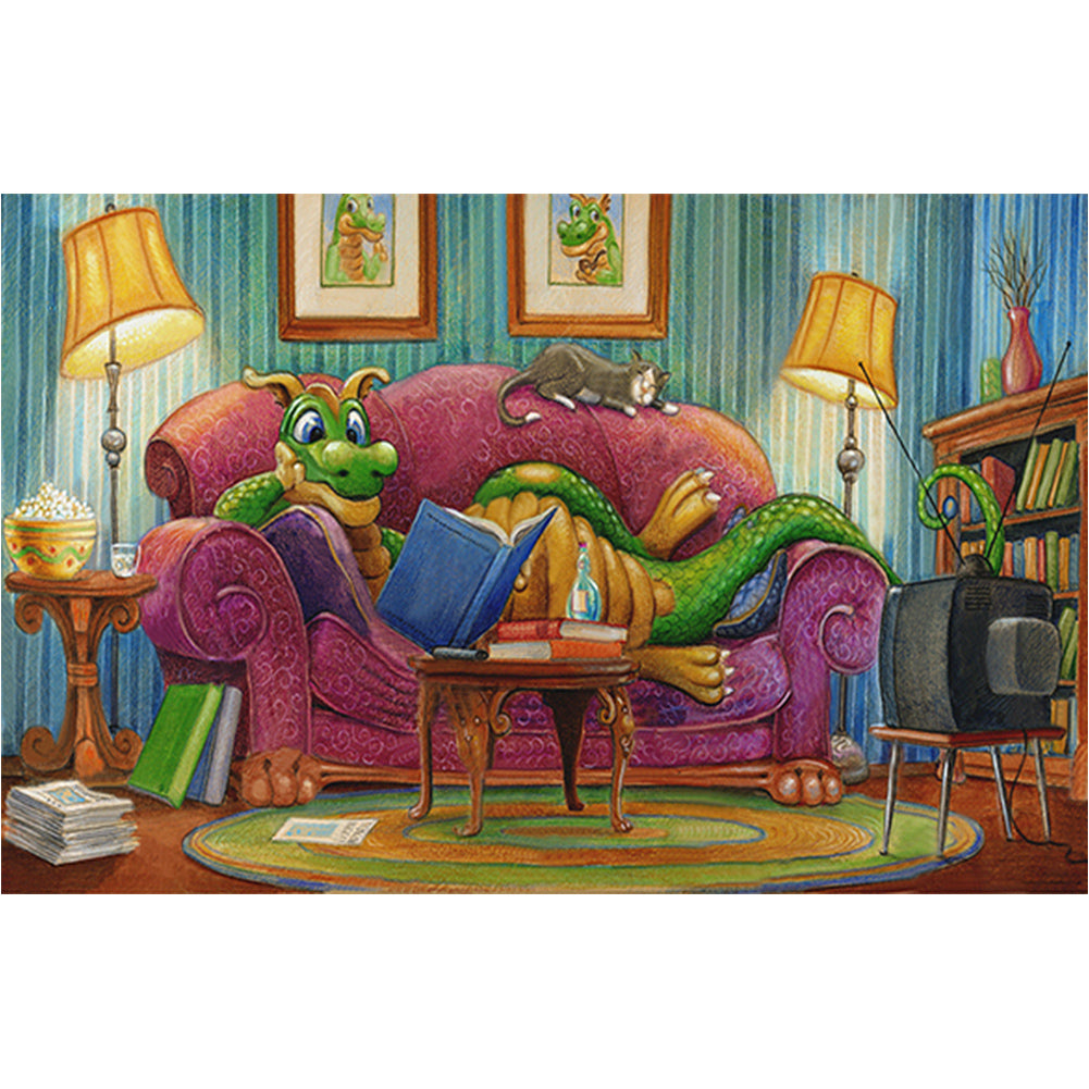 Green Dragon Lying On The Sofa Reading A Book - Full Round Drill Diamond Painting 60*40CM