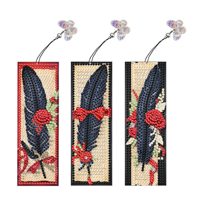 3Pcs Special Shape Black Feather Red Rose DIY Diamond Painting Bookmarks Kits