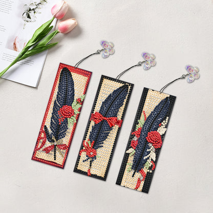 3Pcs Special Shape Black Feather Red Rose DIY Diamond Painting Bookmarks Kits