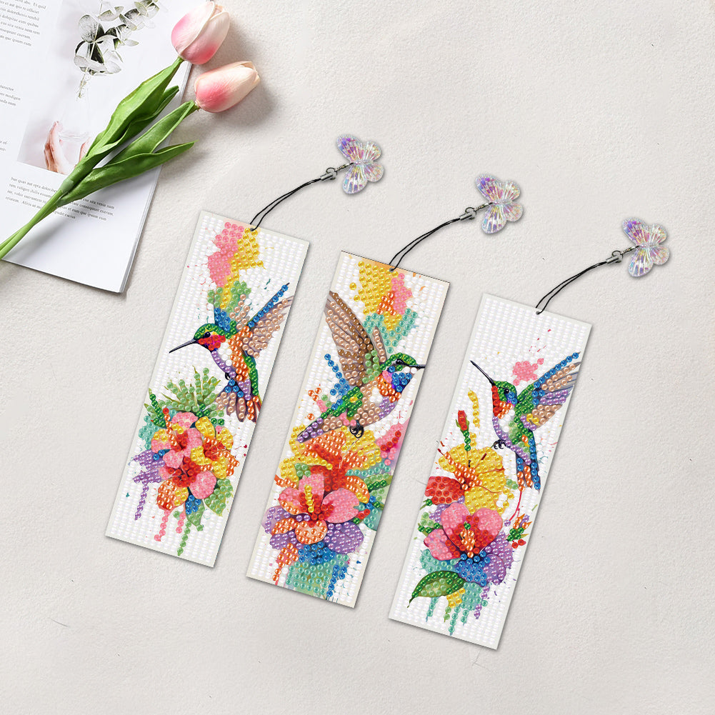 3Pcs Special Shape Hummingbird Flower DIY Diamond Painting Bookmarks Kits