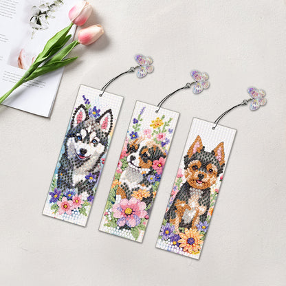 3Pcs Special Shape Dog Flower DIY Diamond Painting Bookmarks Kits for Bookworms