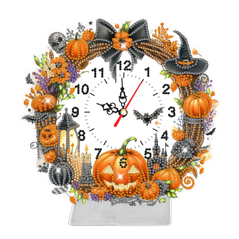 Acrylic Special Shaped Halloween Pumpkin Diamond Painting Clock Desktop Decor