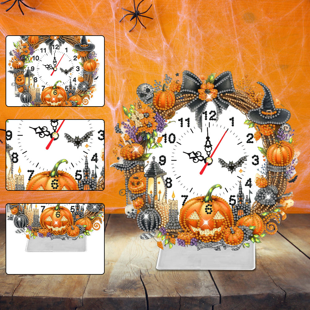 Acrylic Special Shaped Halloween Pumpkin Diamond Painting Clock Desktop Decor