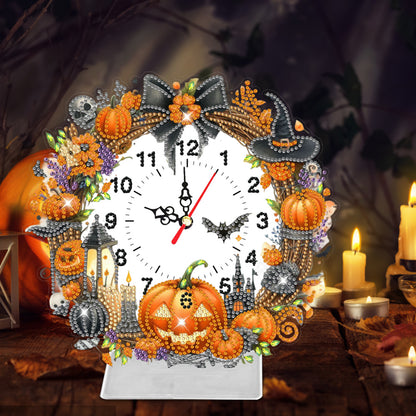 Acrylic Special Shaped Halloween Pumpkin Diamond Painting Clock Desktop Decor