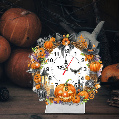 Acrylic Special Shaped Halloween Pumpkin Diamond Painting Clock Desktop Decor