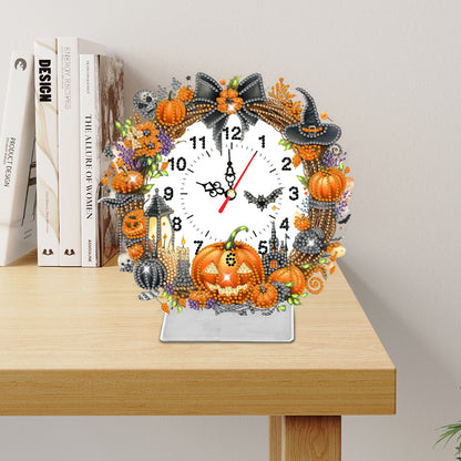 Acrylic Special Shaped Halloween Pumpkin Diamond Painting Clock Desktop Decor