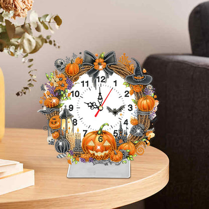 Acrylic Special Shaped Halloween Pumpkin Diamond Painting Clock Desktop Decor