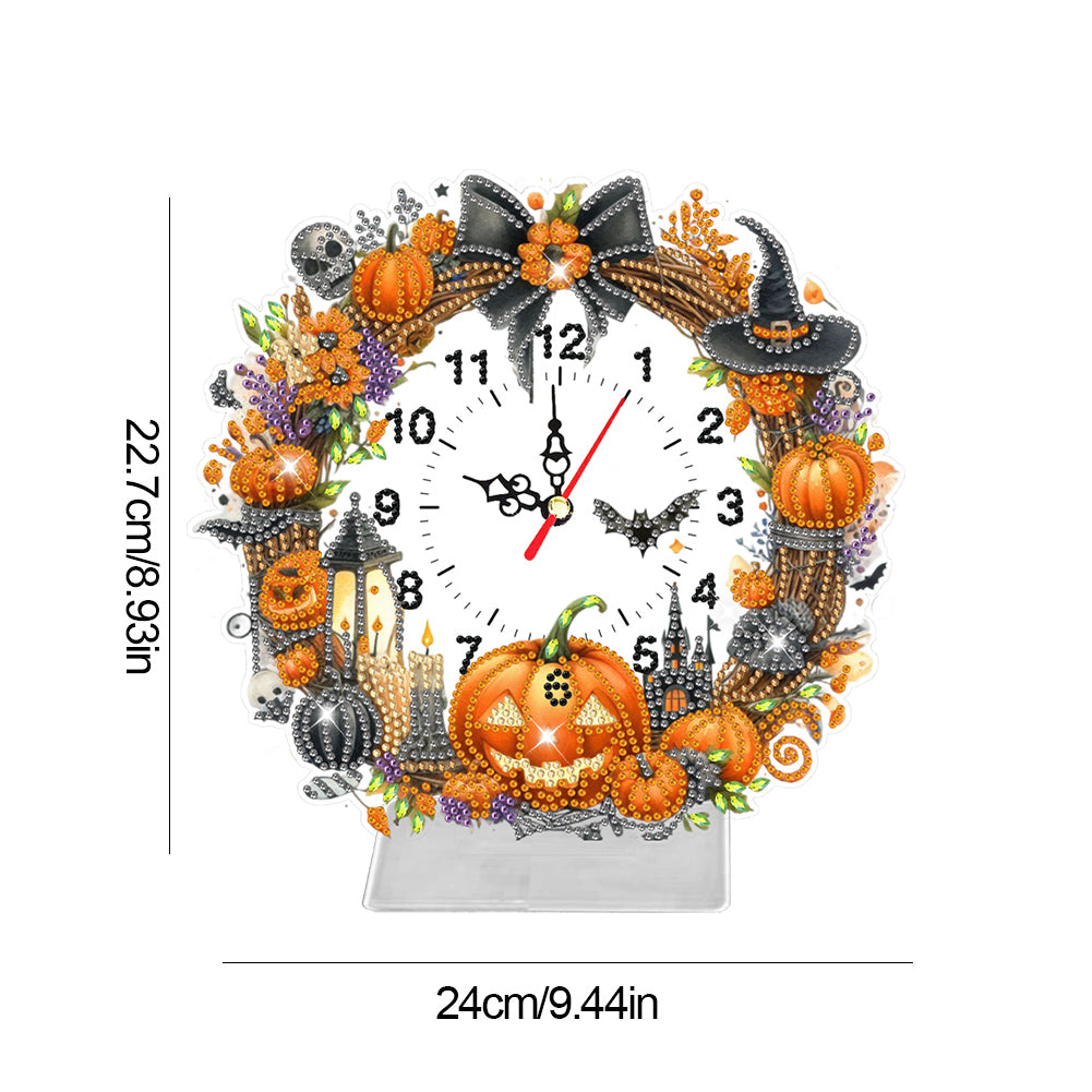 Acrylic Special Shaped Halloween Pumpkin Diamond Painting Clock Desktop Decor