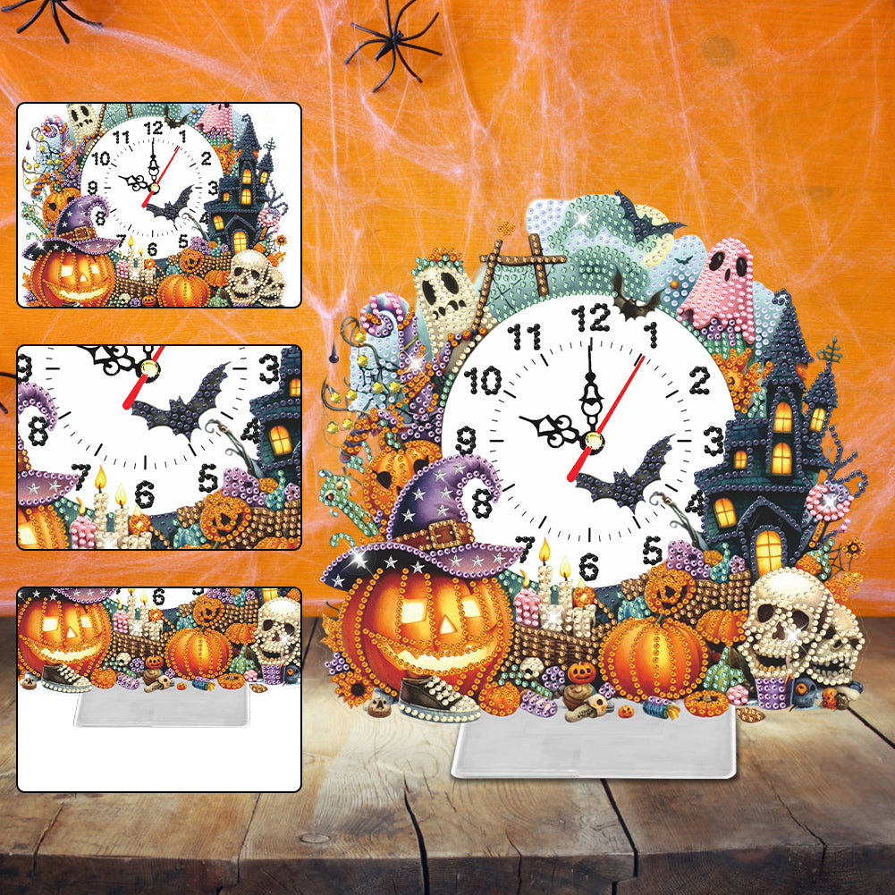 Acrylic Special Shaped Halloween Pumpkin Diamond Painting Clock Desktop Decor