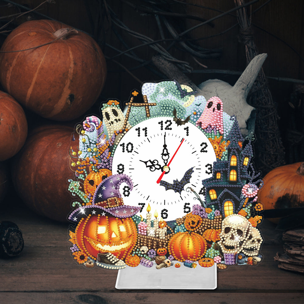 Acrylic Special Shaped Halloween Pumpkin Diamond Painting Clock Desktop Decor