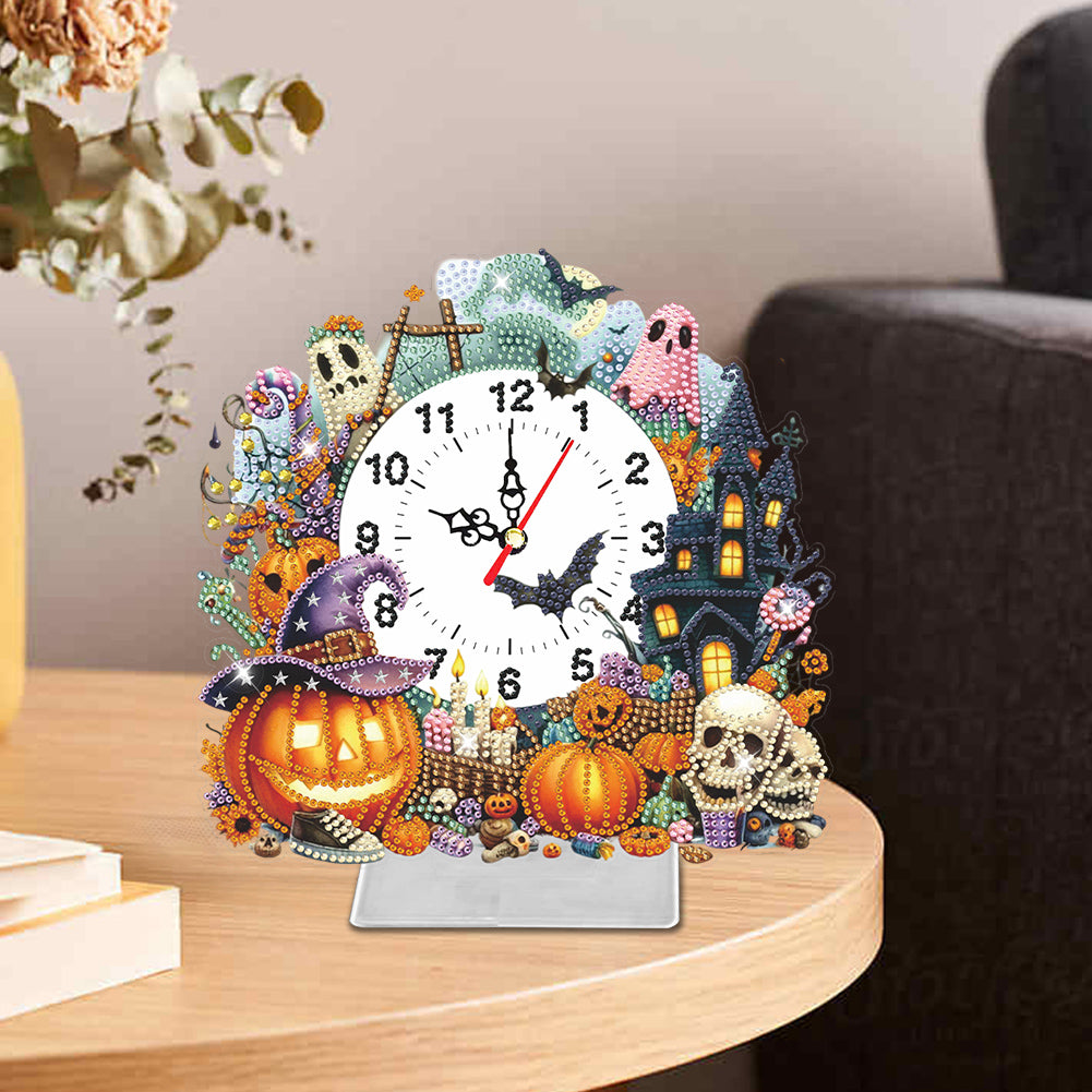 Acrylic Special Shaped Halloween Pumpkin Diamond Painting Clock Desktop Decor