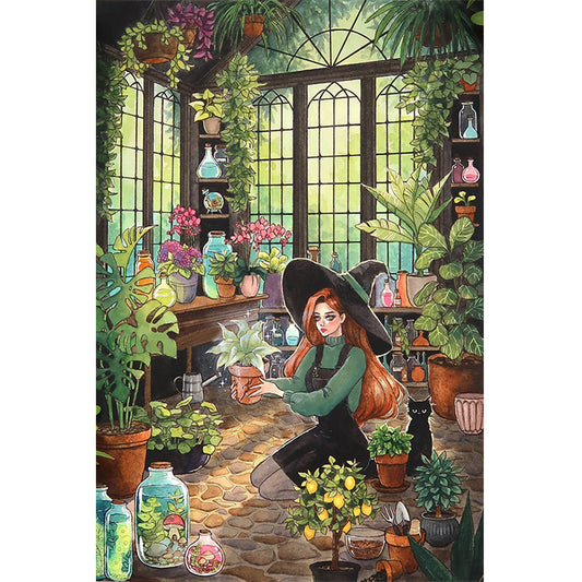 Botanical Garden Girl And Black Cat - Full Round Drill Diamond Painting 40*60CM