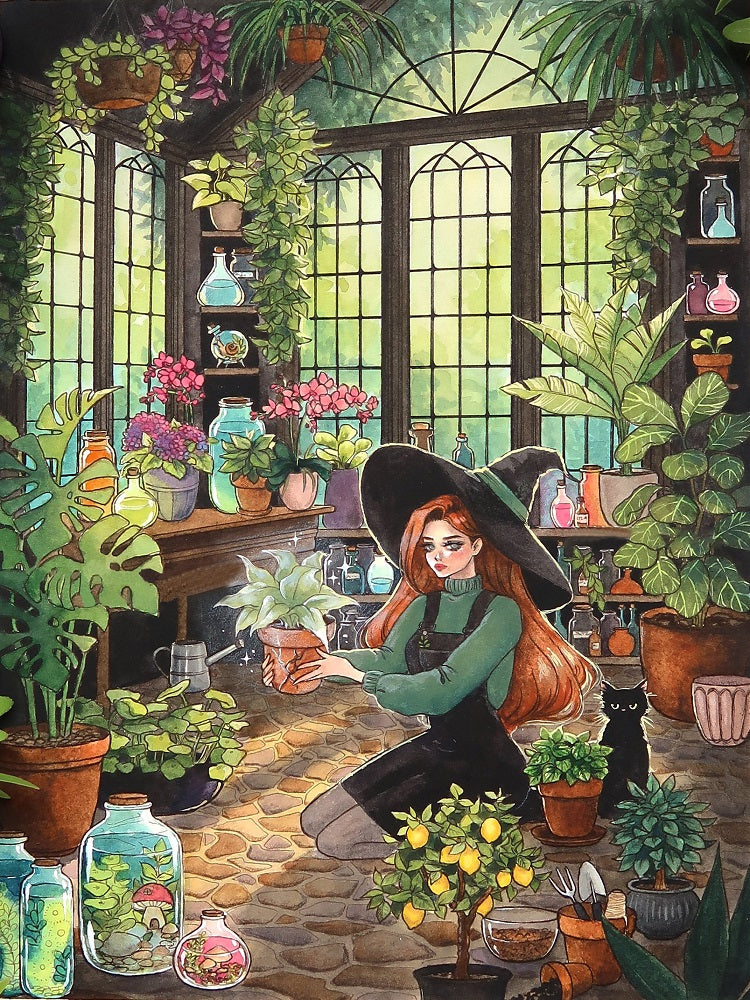 Botanical Garden Girl And Black Cat - Full Round Drill Diamond Painting 40*60CM