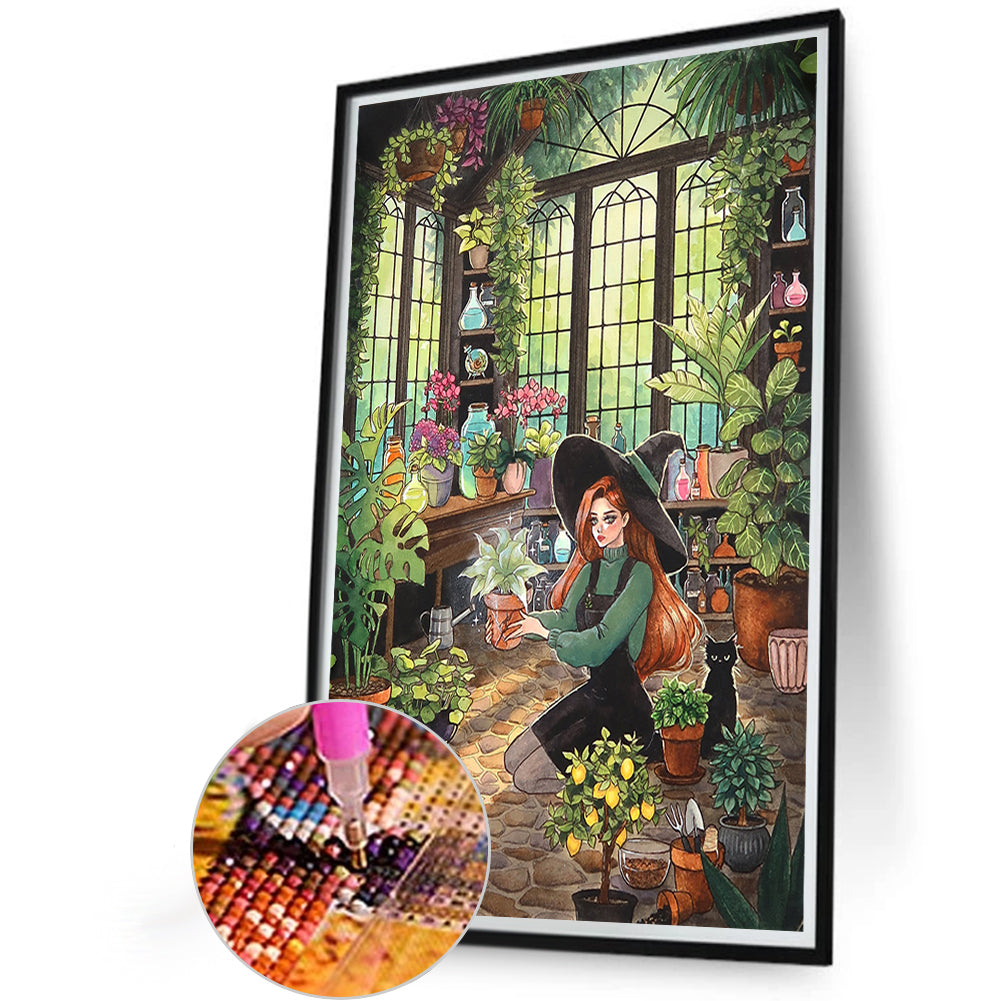 Botanical Garden Girl And Black Cat - Full Round Drill Diamond Painting 40*60CM