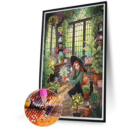 Botanical Garden Girl And Black Cat - Full Round Drill Diamond Painting 40*60CM
