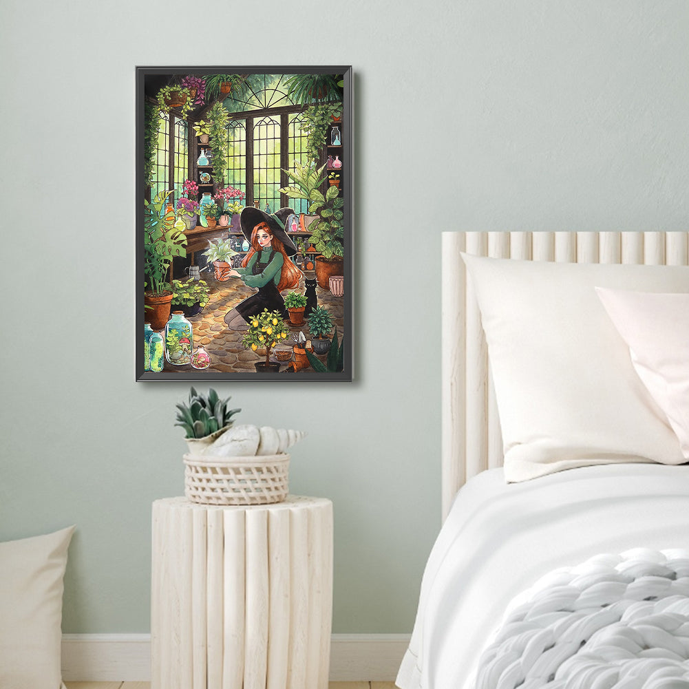 Botanical Garden Girl And Black Cat - Full Round Drill Diamond Painting 40*60CM