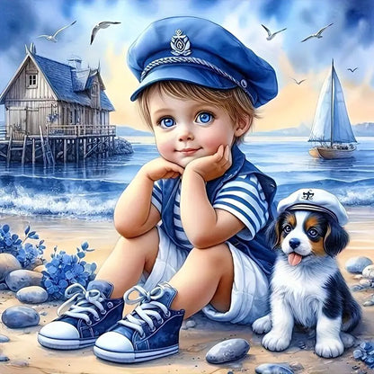 Little Boy And Dog At The Beach - Full Round Drill Diamond Painting 40*40CM