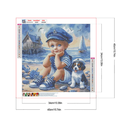 Little Boy And Dog At The Beach - Full Round Drill Diamond Painting 40*40CM