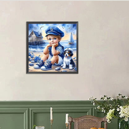 Little Boy And Dog At The Beach - Full Round Drill Diamond Painting 40*40CM