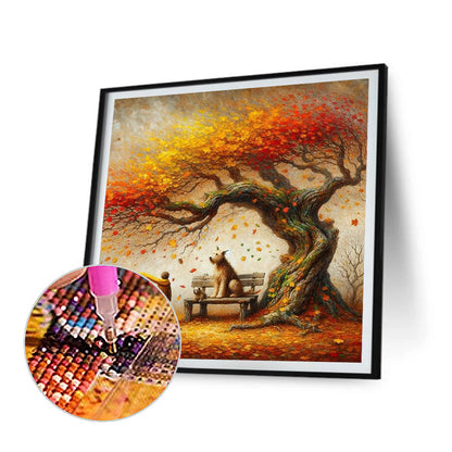 Dog And Family Under The Big Tree In Autumn - Full Round Drill Diamond Painting 40*40CM