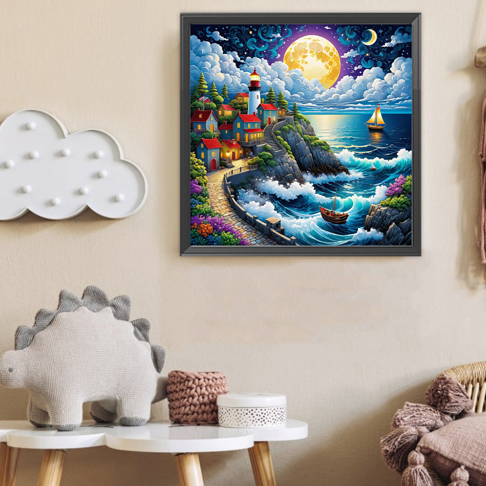 Seaside Town At Night - Full Round Drill Diamond Painting 50*50CM