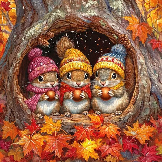 Three Squirrels In Autumn - Full Round Drill Diamond Painting 40*40CM