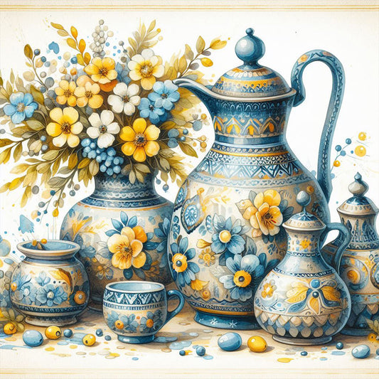 Blue And Yellow Flower Porcelain - Full Round Drill Diamond Painting 40*40CM