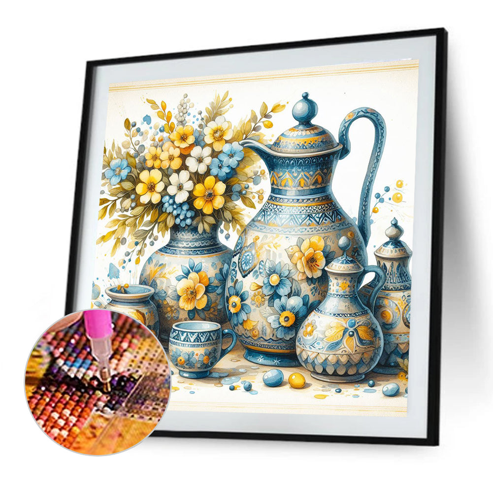 Blue And Yellow Flower Porcelain - Full Round Drill Diamond Painting 40*40CM