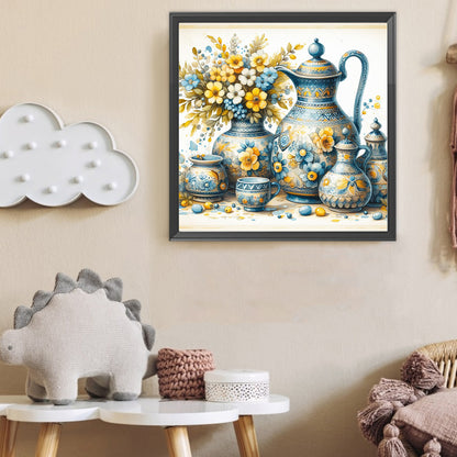 Blue And Yellow Flower Porcelain - Full Round Drill Diamond Painting 40*40CM