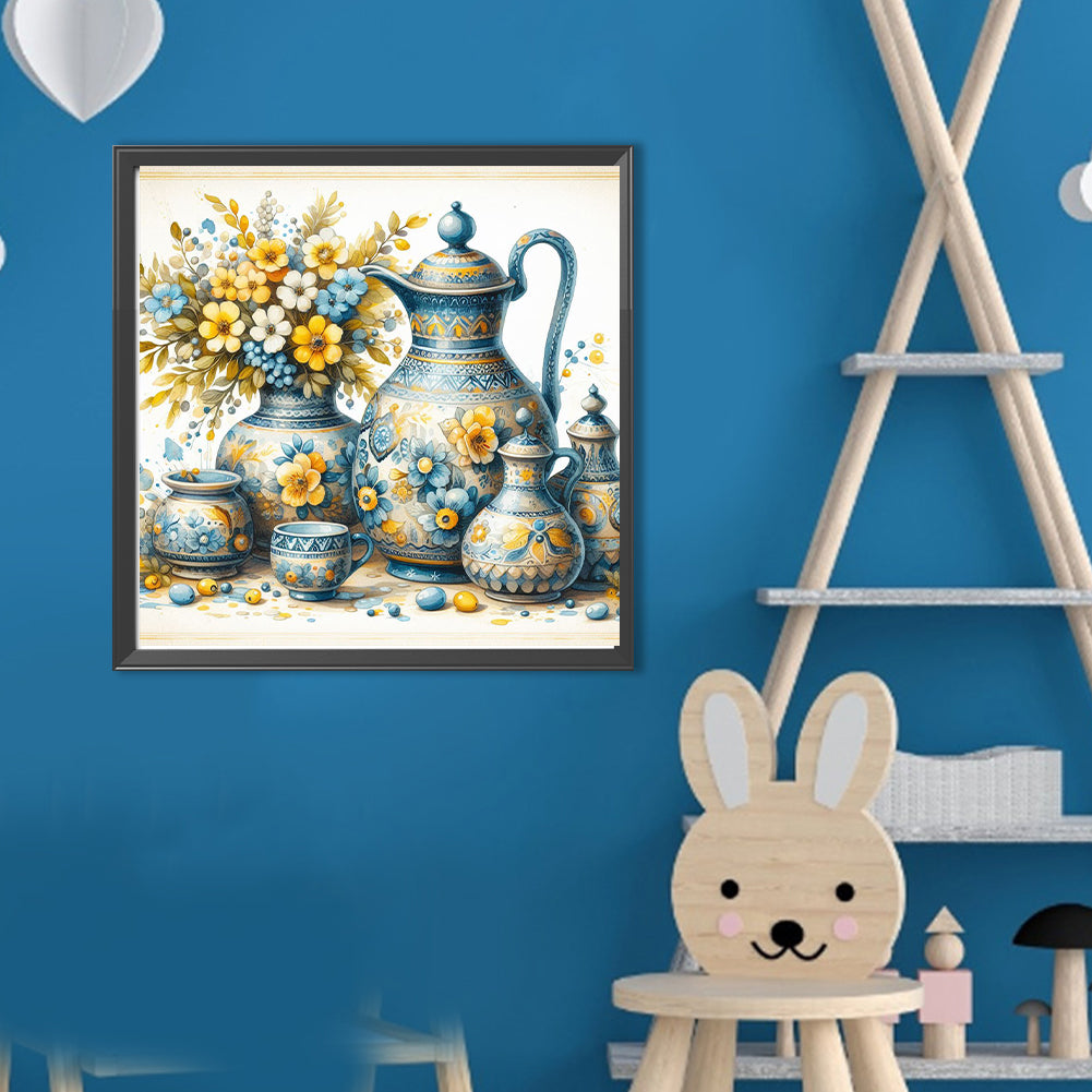 Blue And Yellow Flower Porcelain - Full Round Drill Diamond Painting 40*40CM