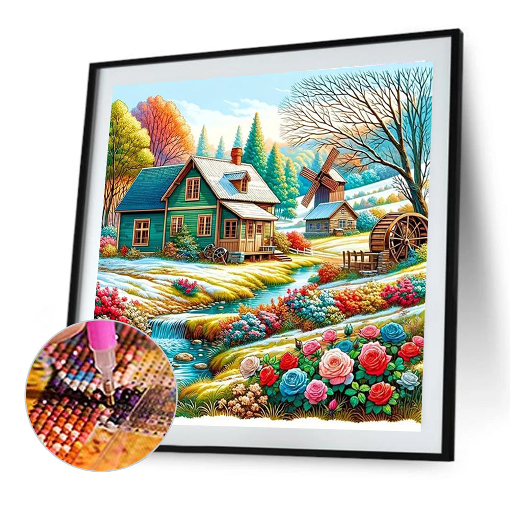 River Flowers House - Full Round Drill Diamond Painting 40*40CM