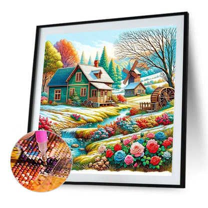 River Flowers House - Full Round Drill Diamond Painting 40*40CM