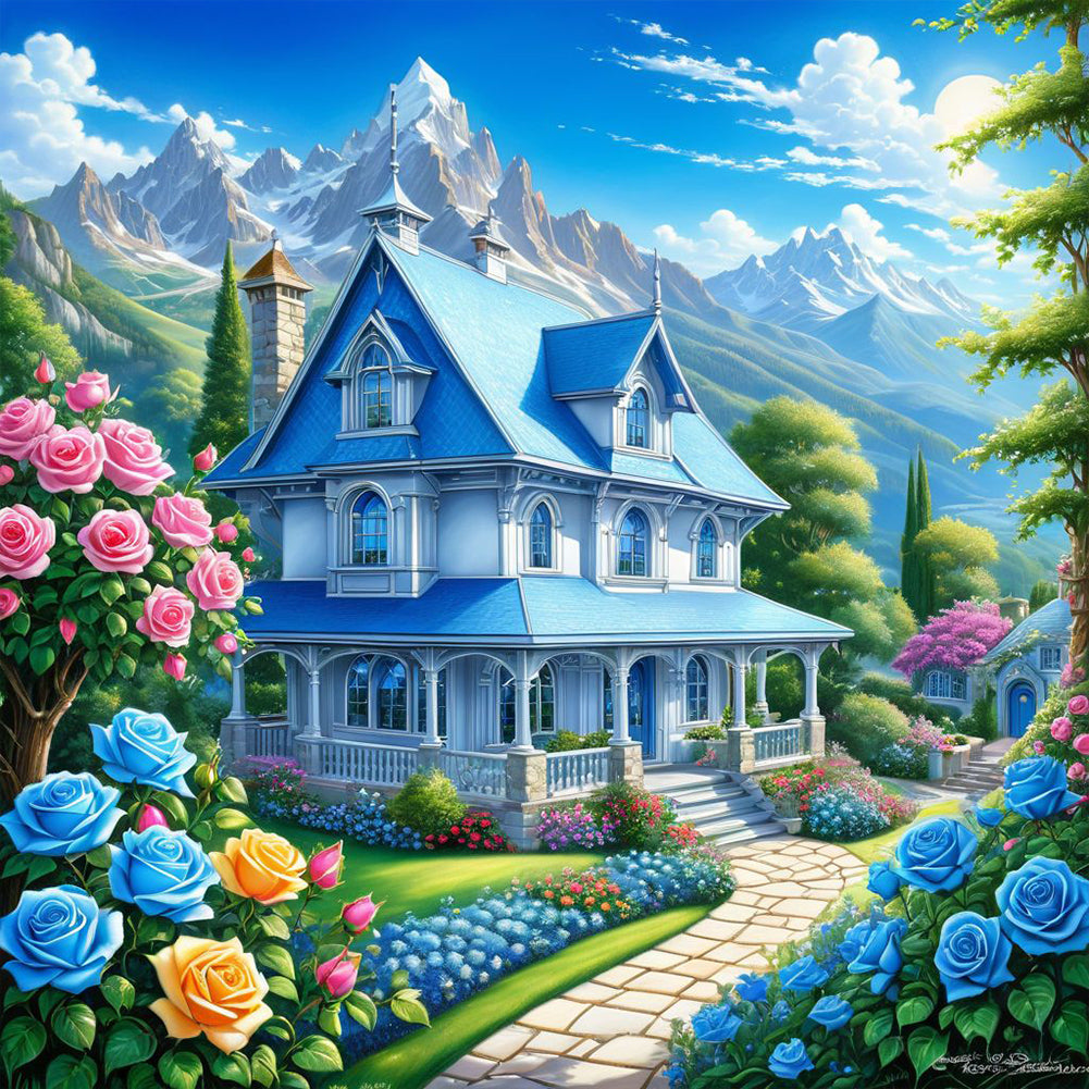 Rose Blue Villa - Full Round Drill Diamond Painting 40*40CM