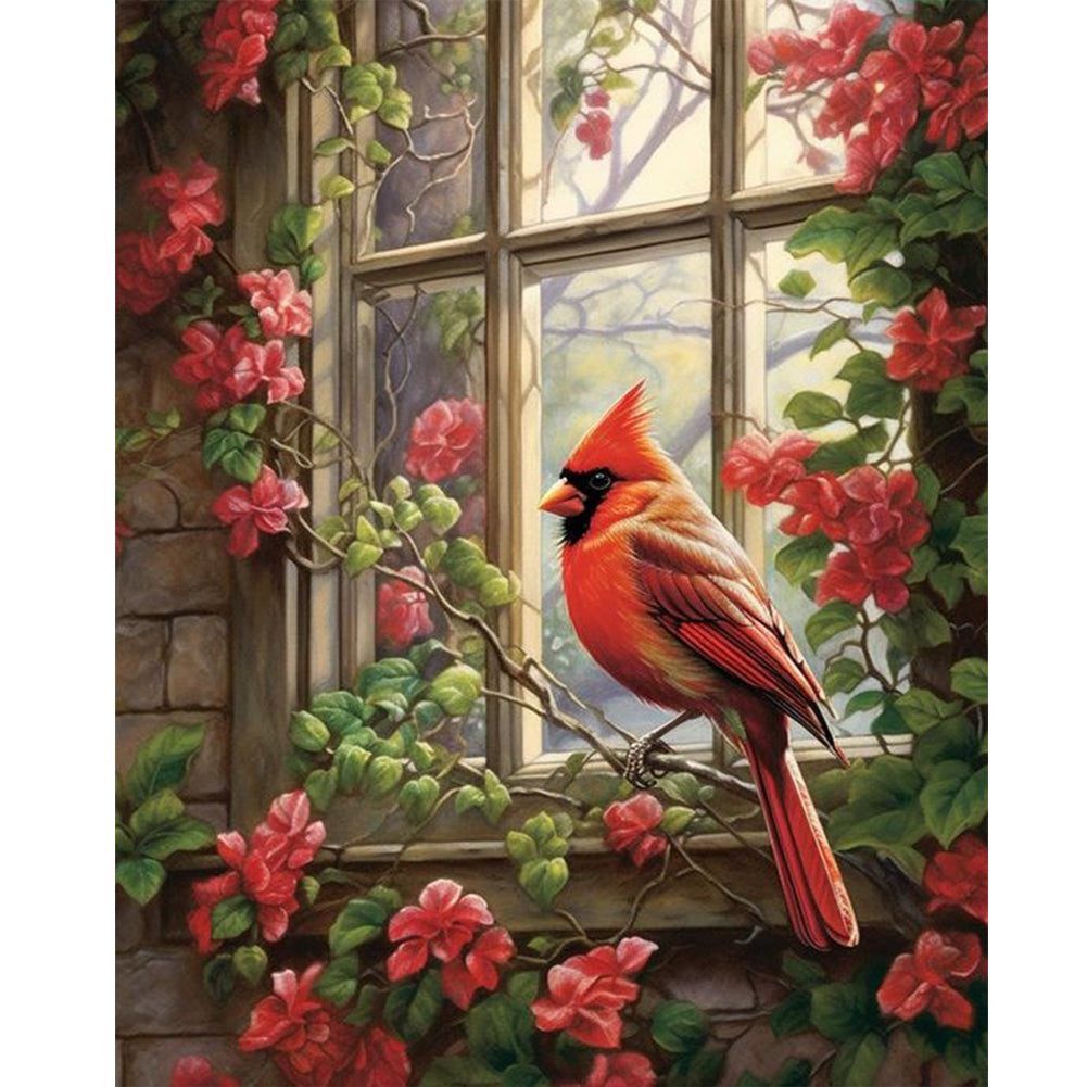 Red Cardinal On Flower Branch In Front Of Window - Full Round Drill Diamond Painting 40*50CM