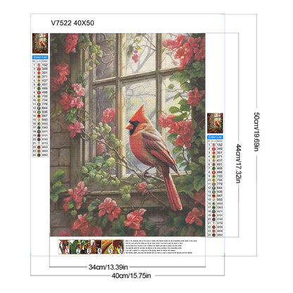 Red Cardinal On Flower Branch In Front Of Window - Full Round Drill Diamond Painting 40*50CM