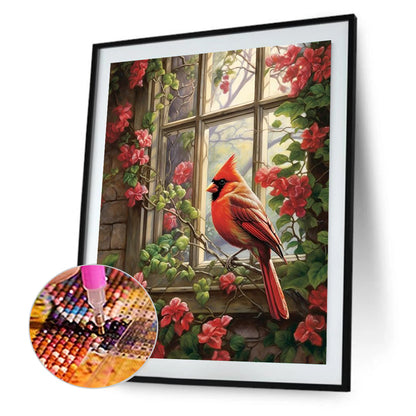 Red Cardinal On Flower Branch In Front Of Window - Full Round Drill Diamond Painting 40*50CM