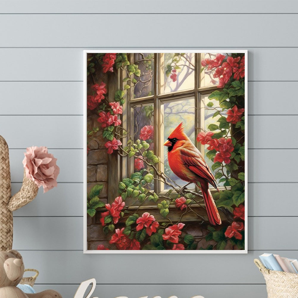 Red Cardinal On Flower Branch In Front Of Window - Full Round Drill Diamond Painting 40*50CM