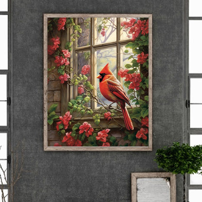 Red Cardinal On Flower Branch In Front Of Window - Full Round Drill Diamond Painting 40*50CM