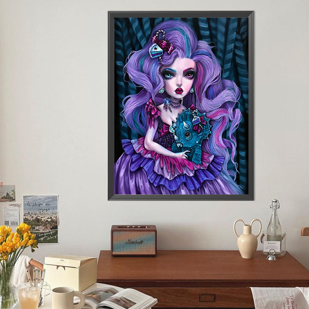 Triceratops And Purple-Haired Girl - Full Round Drill Diamond Painting 40*50CM