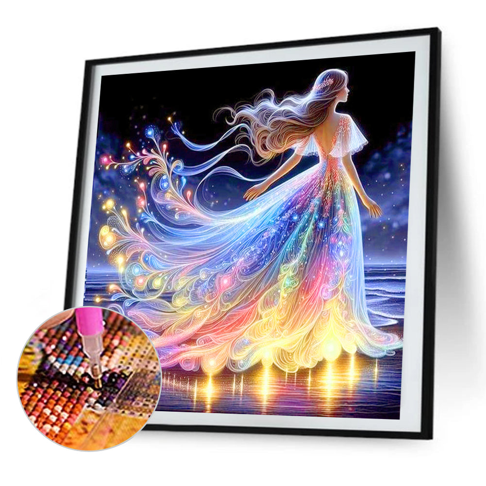 Girl In Long Skirt At Seaside - Full AB Round Drill Diamond Painting 40*40CM