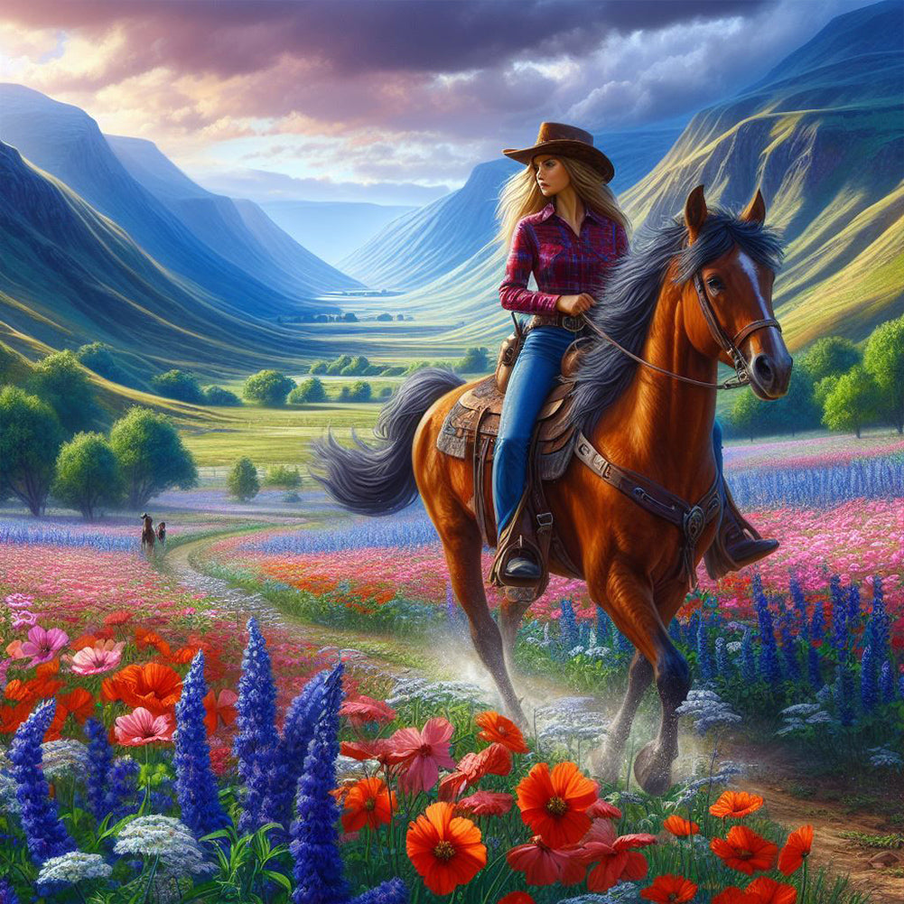 Horseback Riding To See The Sea Of Flowers - Full Round Drill Diamond Painting 40*40CM