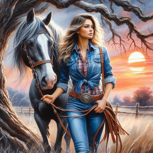 Cowgirl At Sunset - Full Round Drill Diamond Painting 40*40CM