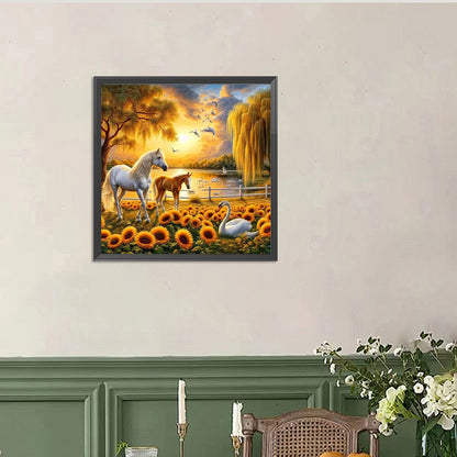 Horse In Sunflower Field - Full Round Drill Diamond Painting 40*40CM