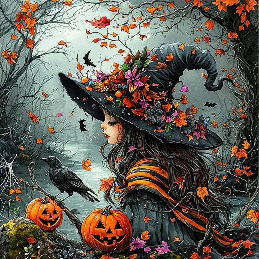 Halloween Witch Crow Pumpkin - Full Round Drill Diamond Painting 40*40CM